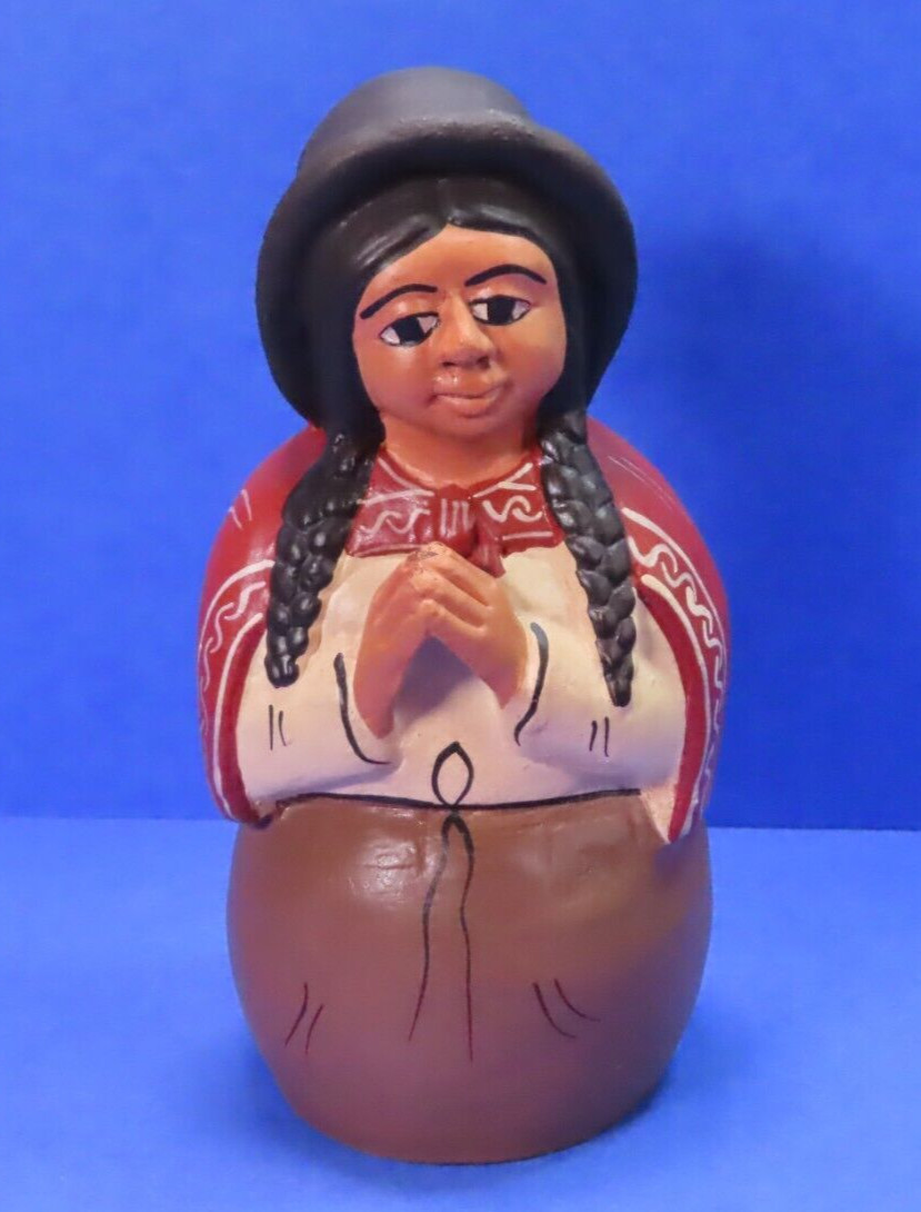Vintage Hand Painted Peruvian Praying Woman Clay Figurine 6" Tall