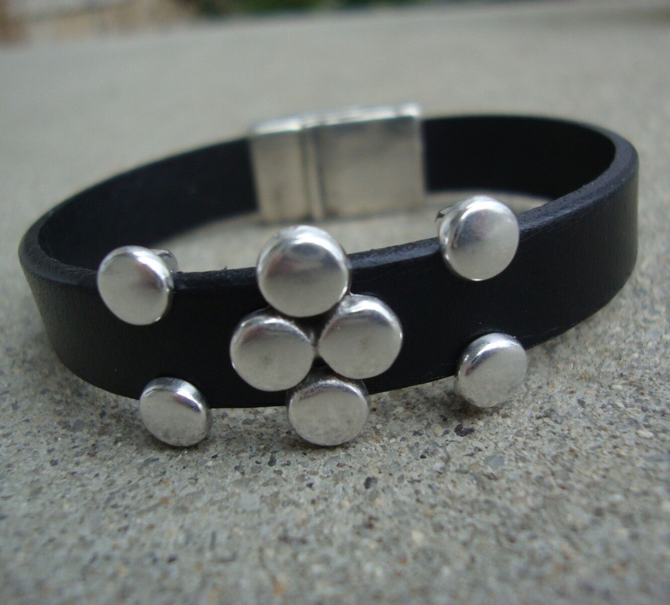Black Flat Leather Bracelets with Antique Silver Beads USA