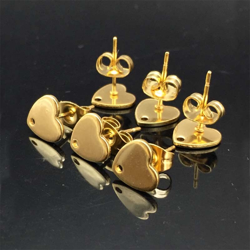 Gold Stainless Steel Earring Post Earstud Heart Head With Loop 8mm Ear Findings