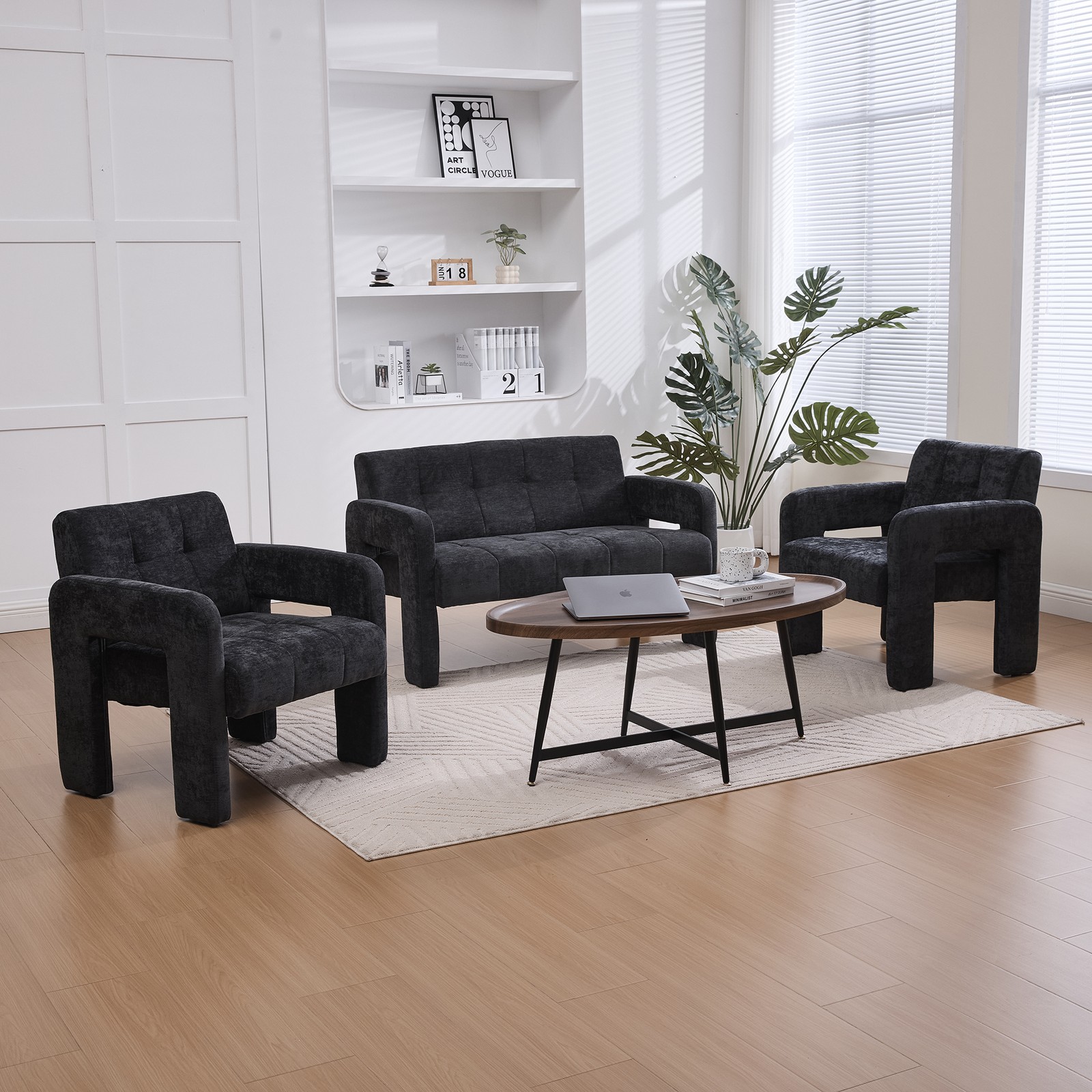 Nordic Modern Double Armchair Loveseat Sofa Chenille Black