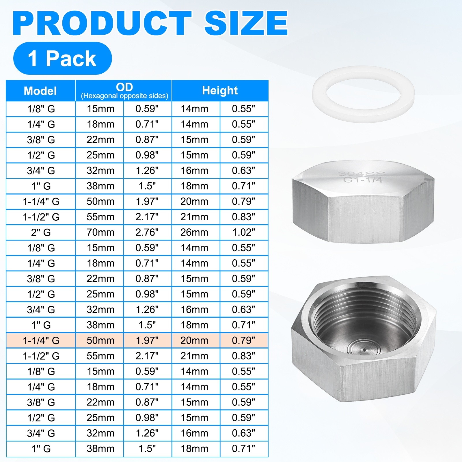 1-Pack Hex End Cap, 1-1/4 Inch g Female Thread Pipe Fitting