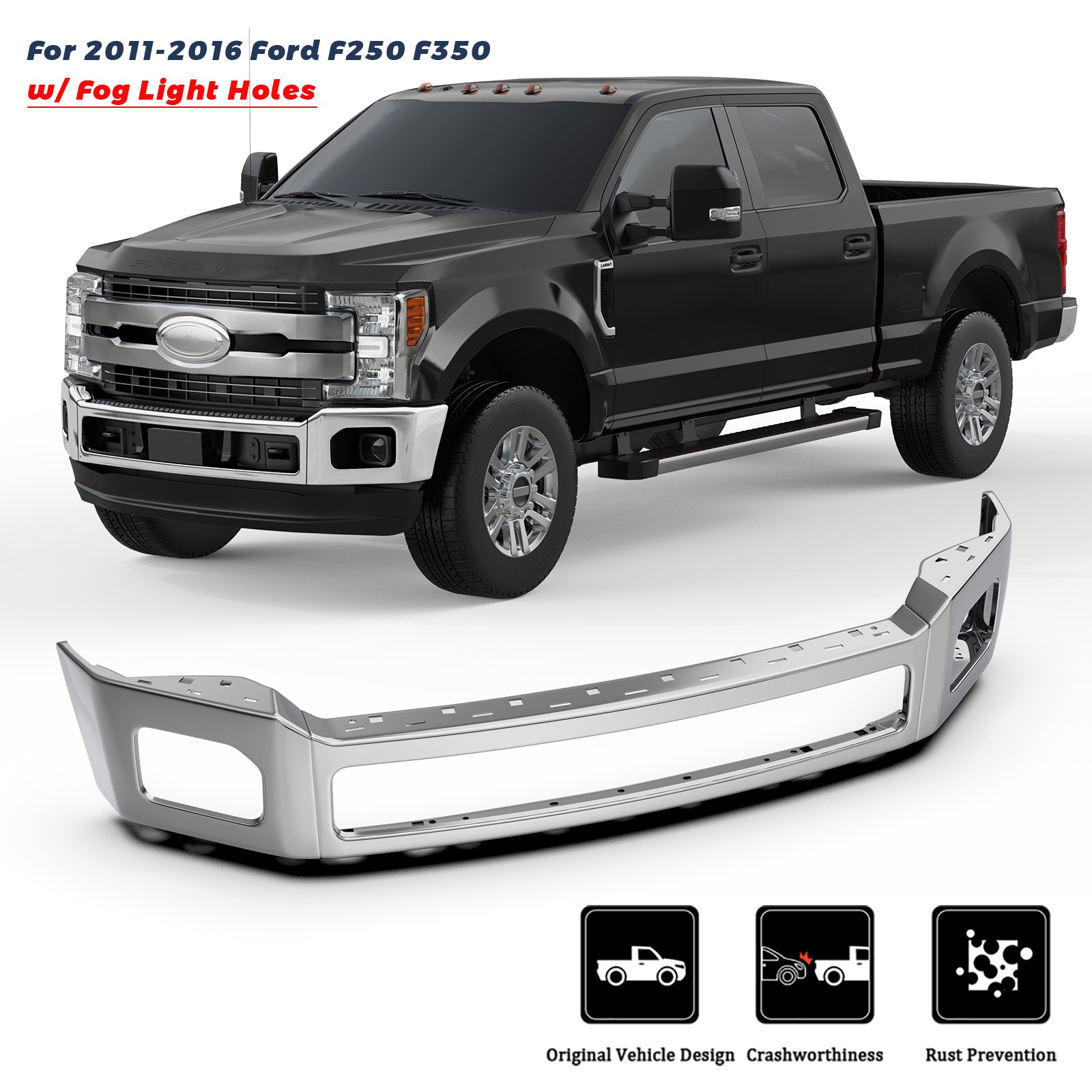 Chrome Front Steel Bumper For 2011-2016 Ford F250 F350 Super Duty w/ Fog Light