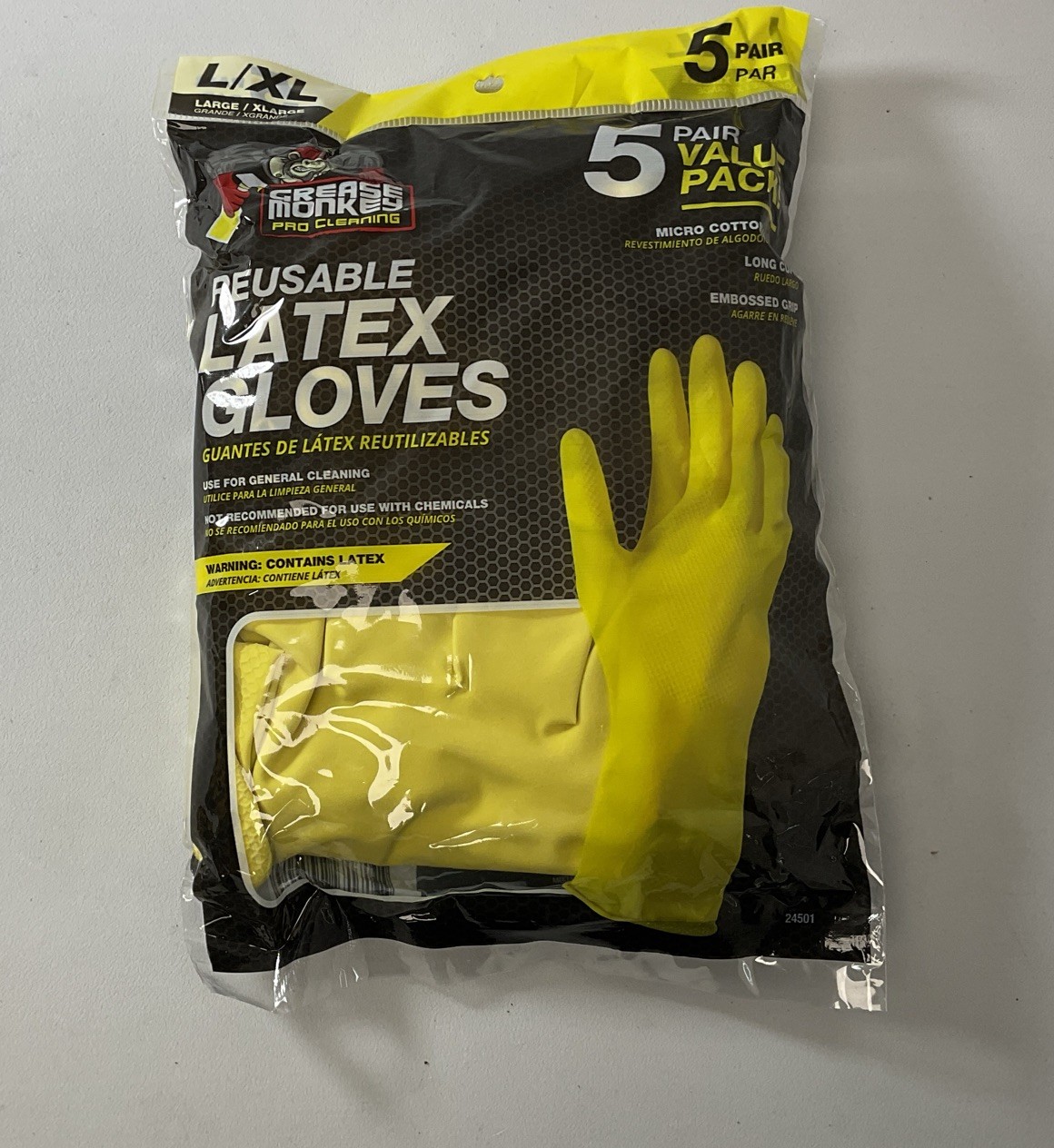 Grease Monkey Reusable Latex Gloves - 5 Pair Pack - Long Cuff - L/XL Yellow