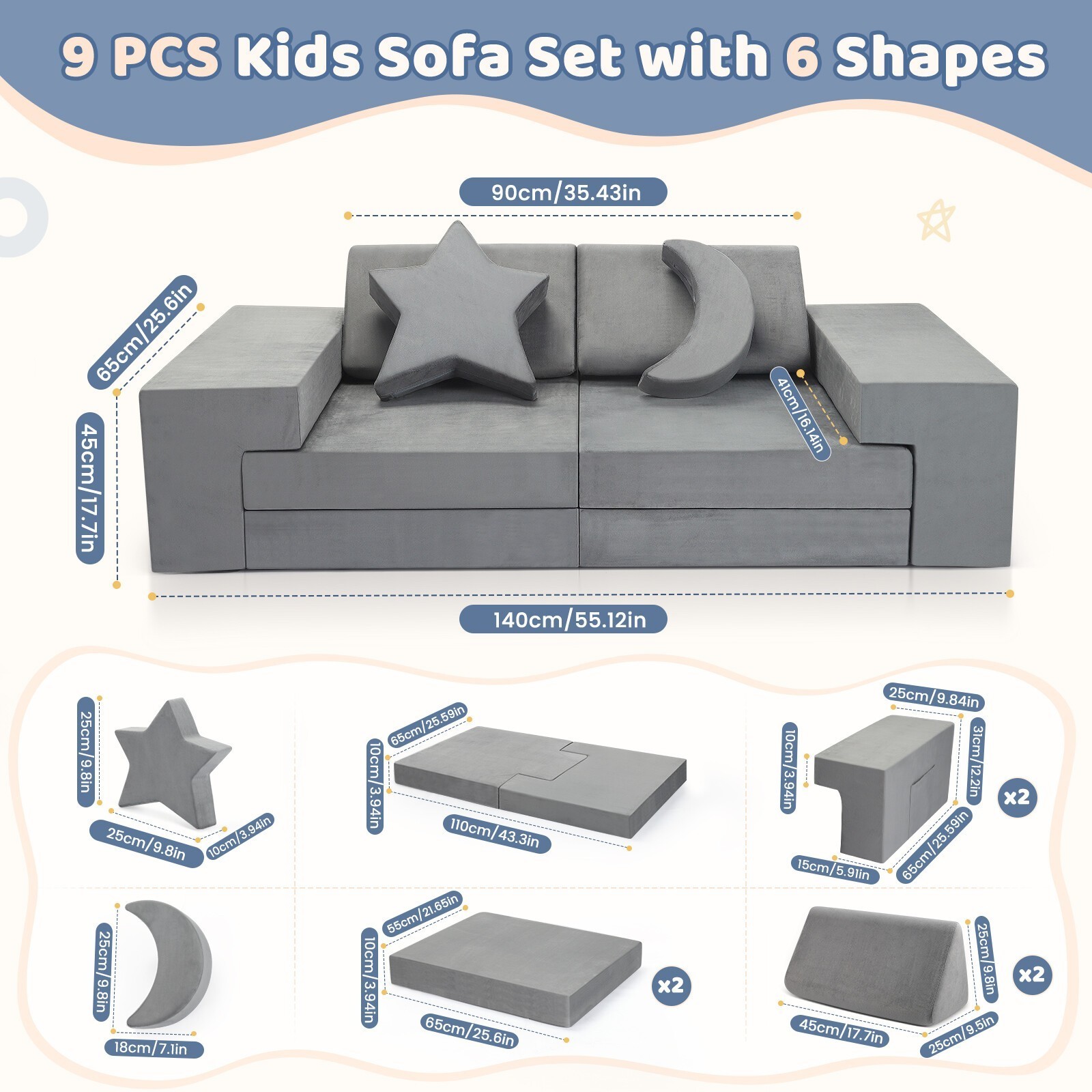 Modular Kids Play Couch for Playroom Bedroom, 9 in 1 Gray, Kids Large Game Toy