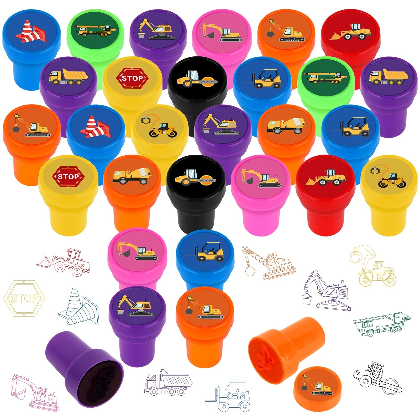 24 Pcs Construction Truck Stamps Mini Self Inking Stamps Colorful Print Stamp...
