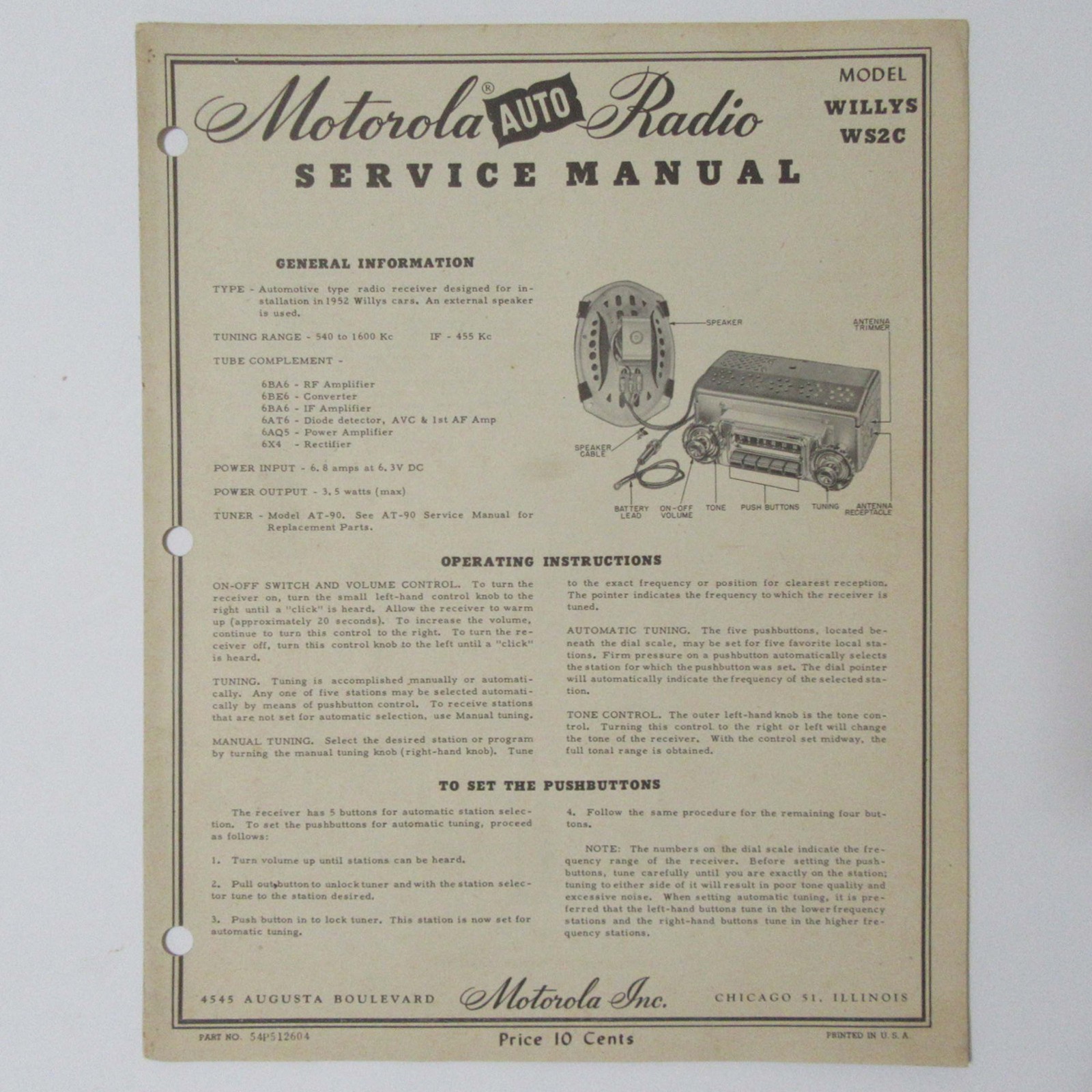 Motorola ® Models Willys WS2C Auto Radio Service Manual © 1952