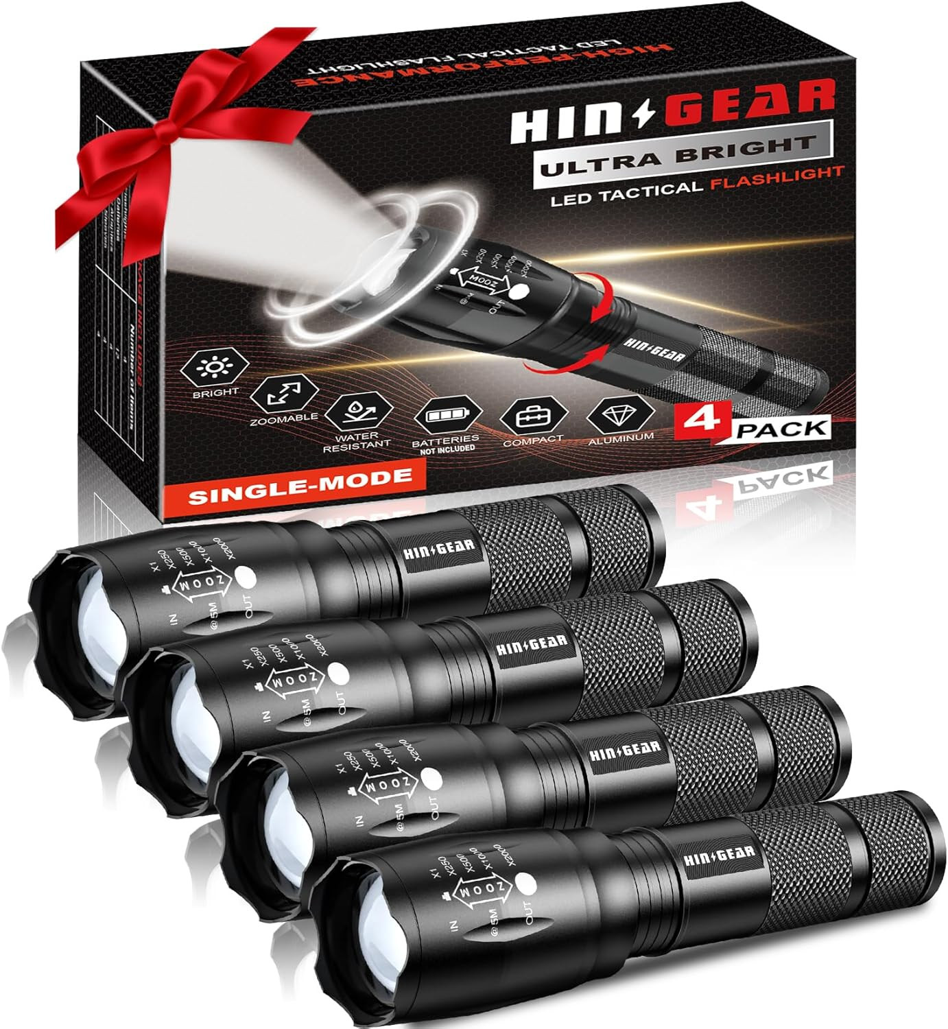 4 x Tactical 18650 Flashlight High Powered Zoomable Aluminum High Lumens