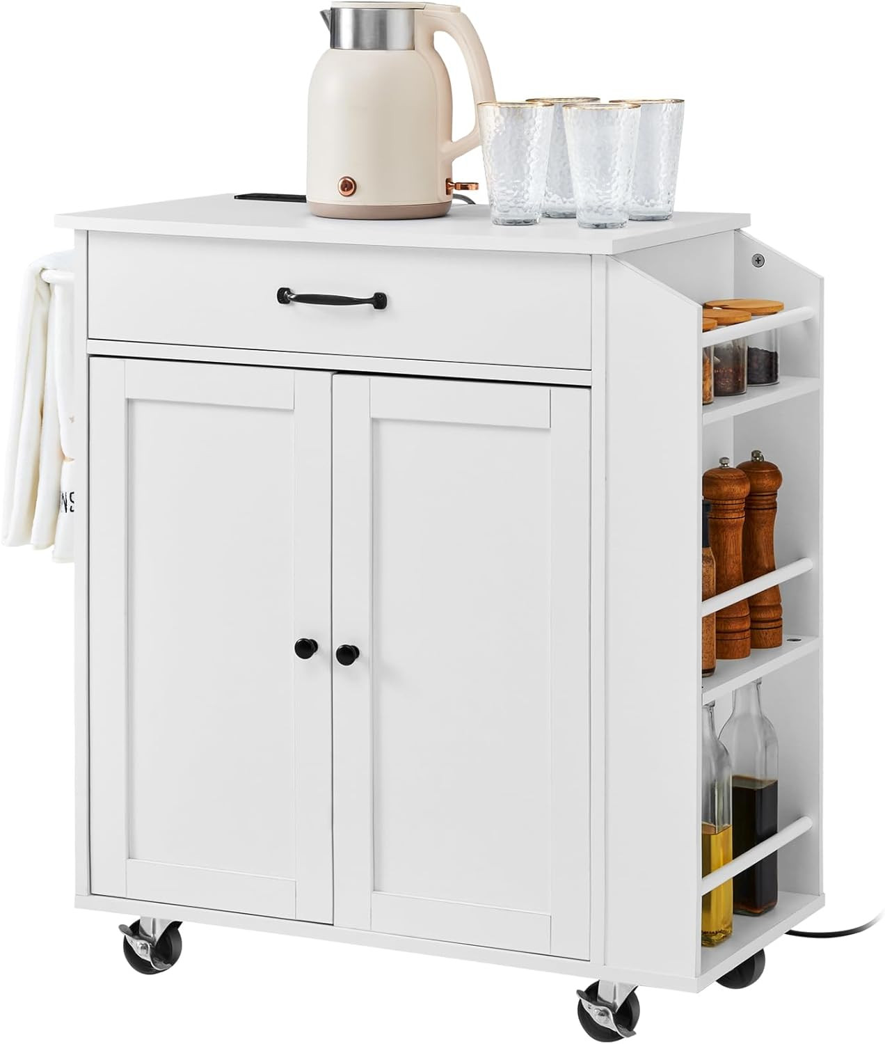 Mobile Kitchen Island Cart with Storage, Power Outlet & Spice Rack - White
