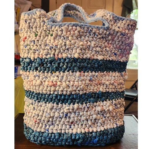 Handmade Upcycled Blue and White Plarn Crocheted Bag 14x15 plus Handles