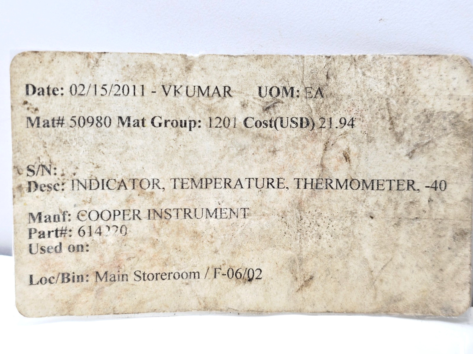 6142-20 COOPER 614220 THERMOMETER