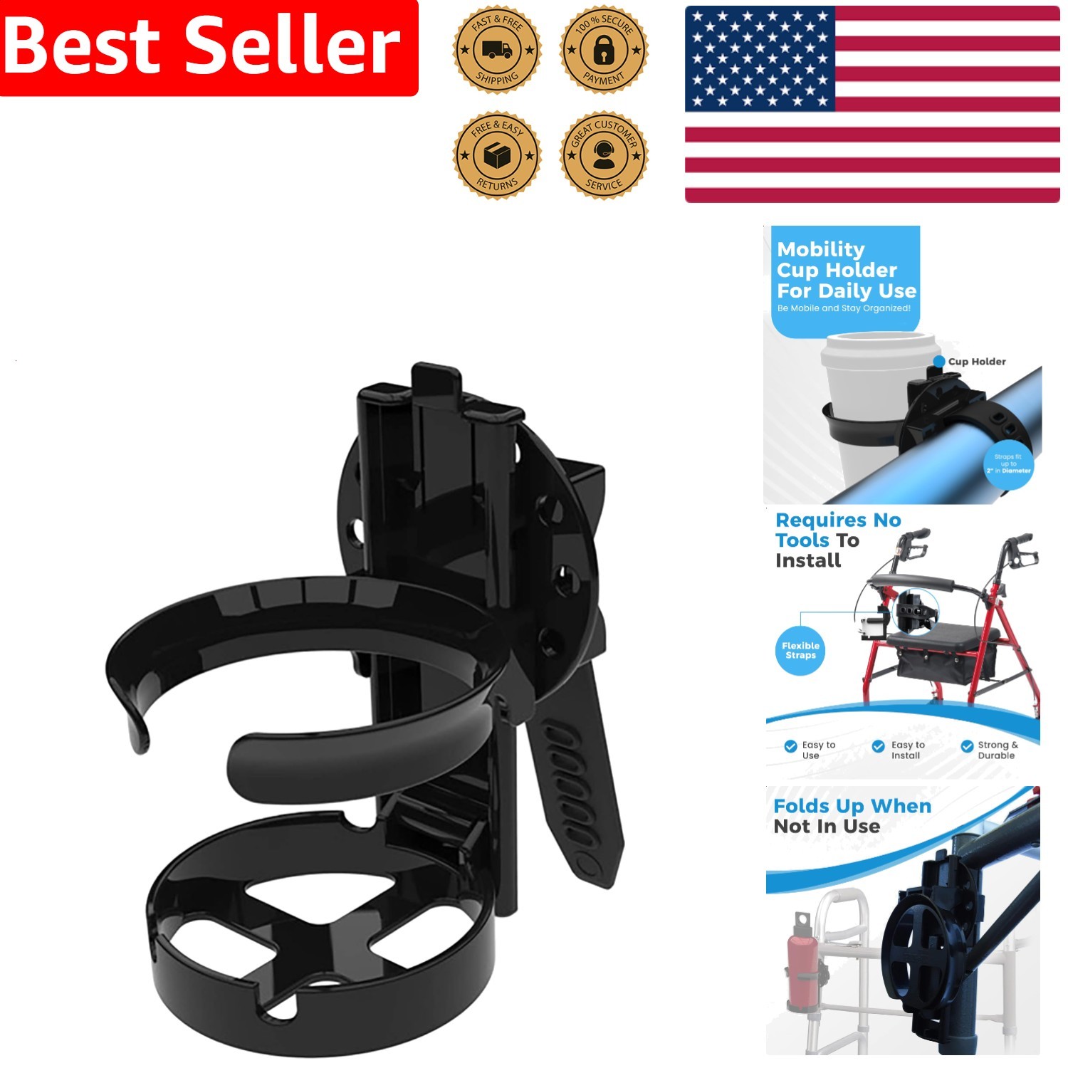 Mobility Cup Holder Black Universal Adjustable Foldable Wheelchair Walker Sco...