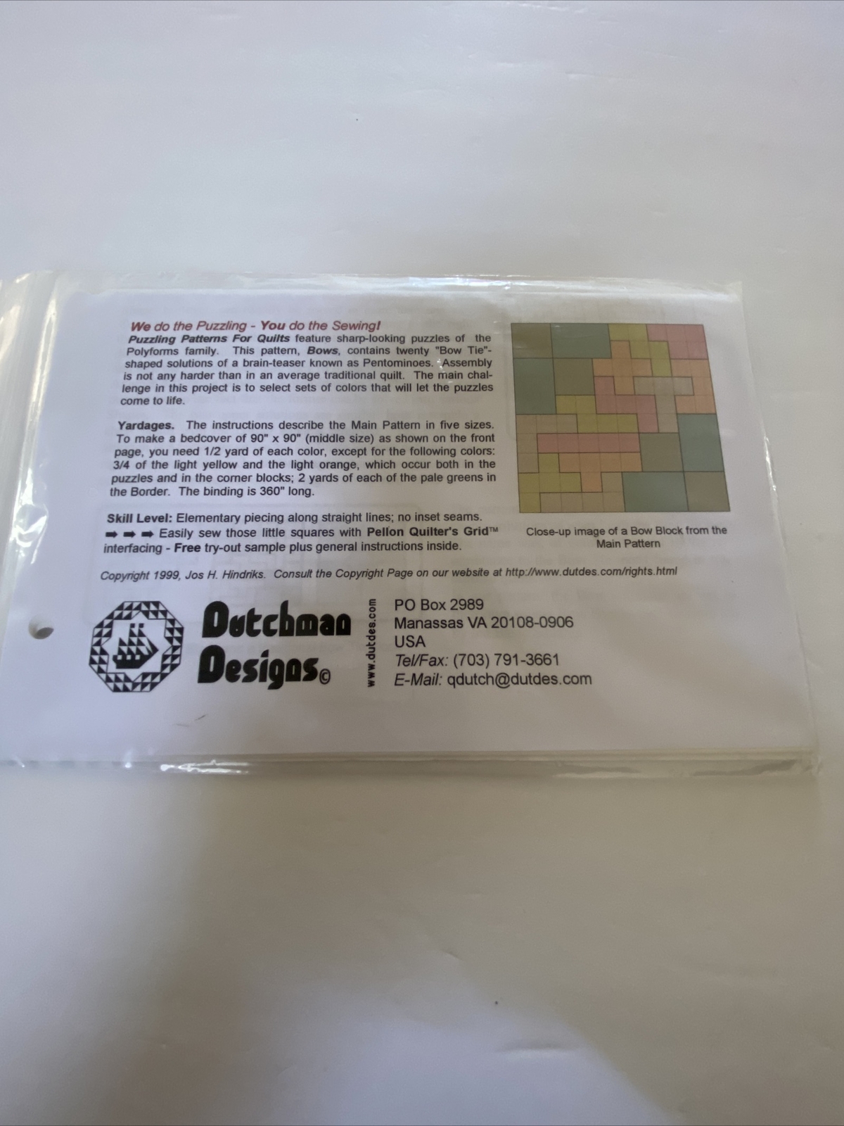 Dutchman Designs Quilt Pattern By Jos Hindriks “Bows” Puzzline Patterns Series 3