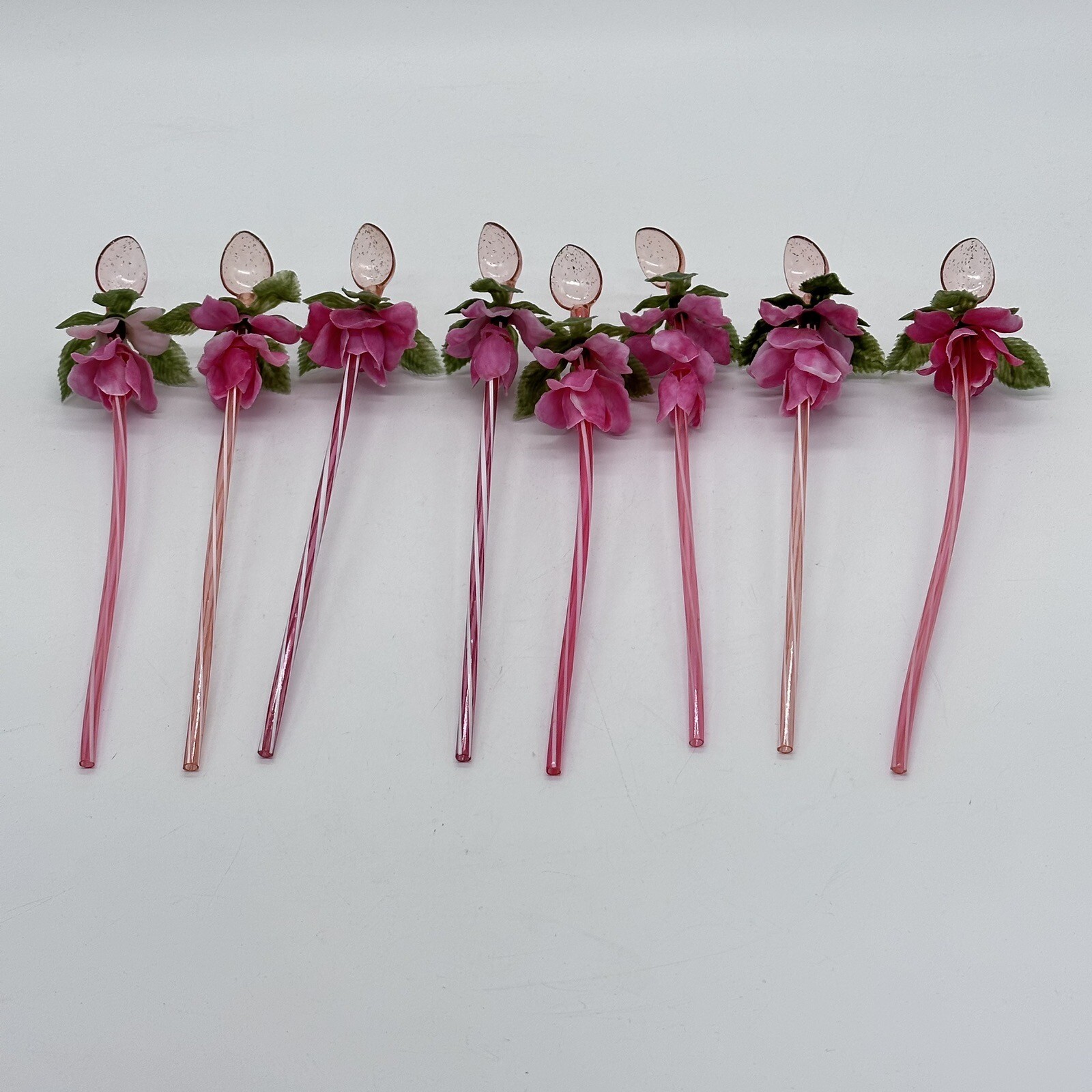 Vintage Pink Plastic Long Stem Spoon With Flowers Set Of 8
