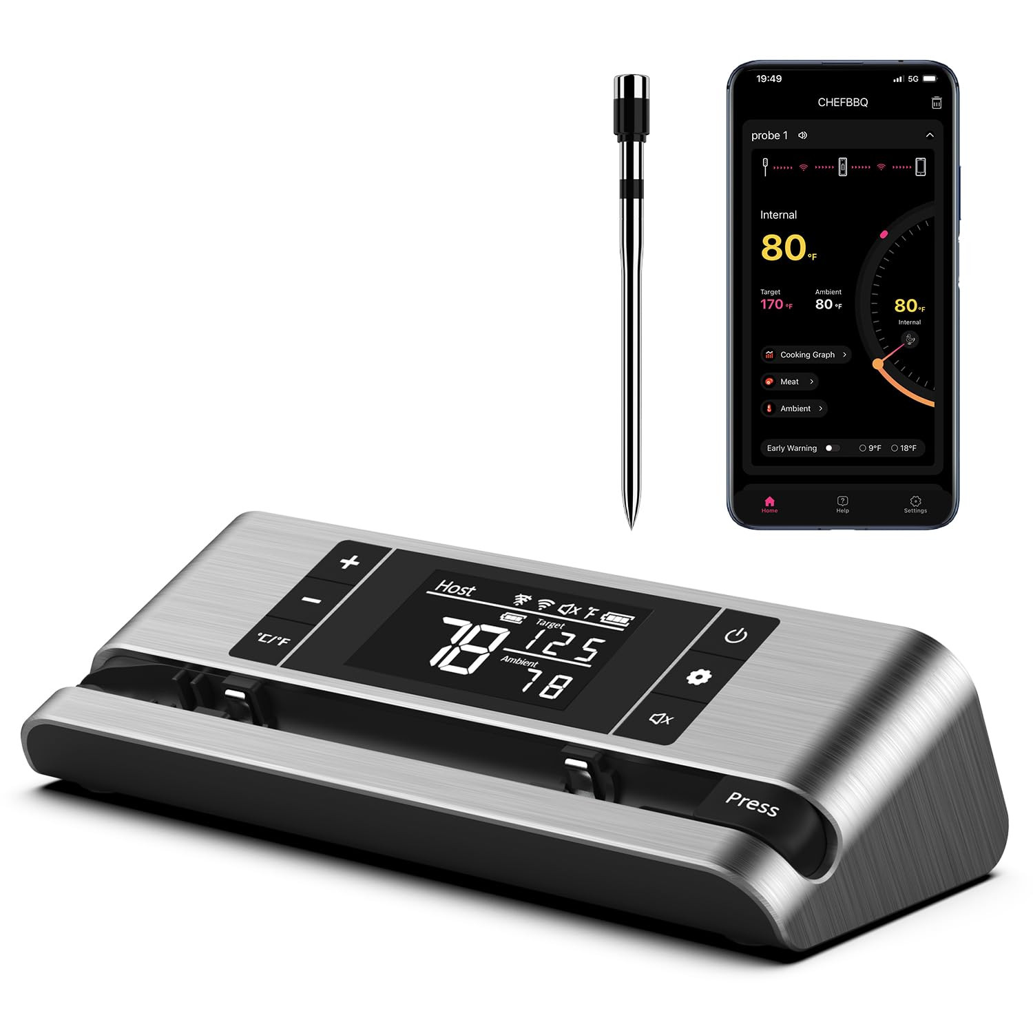 Wireless Smart Meat Thermometer with Dual-Sensor Probe, 500FT Remote Monitoring,
