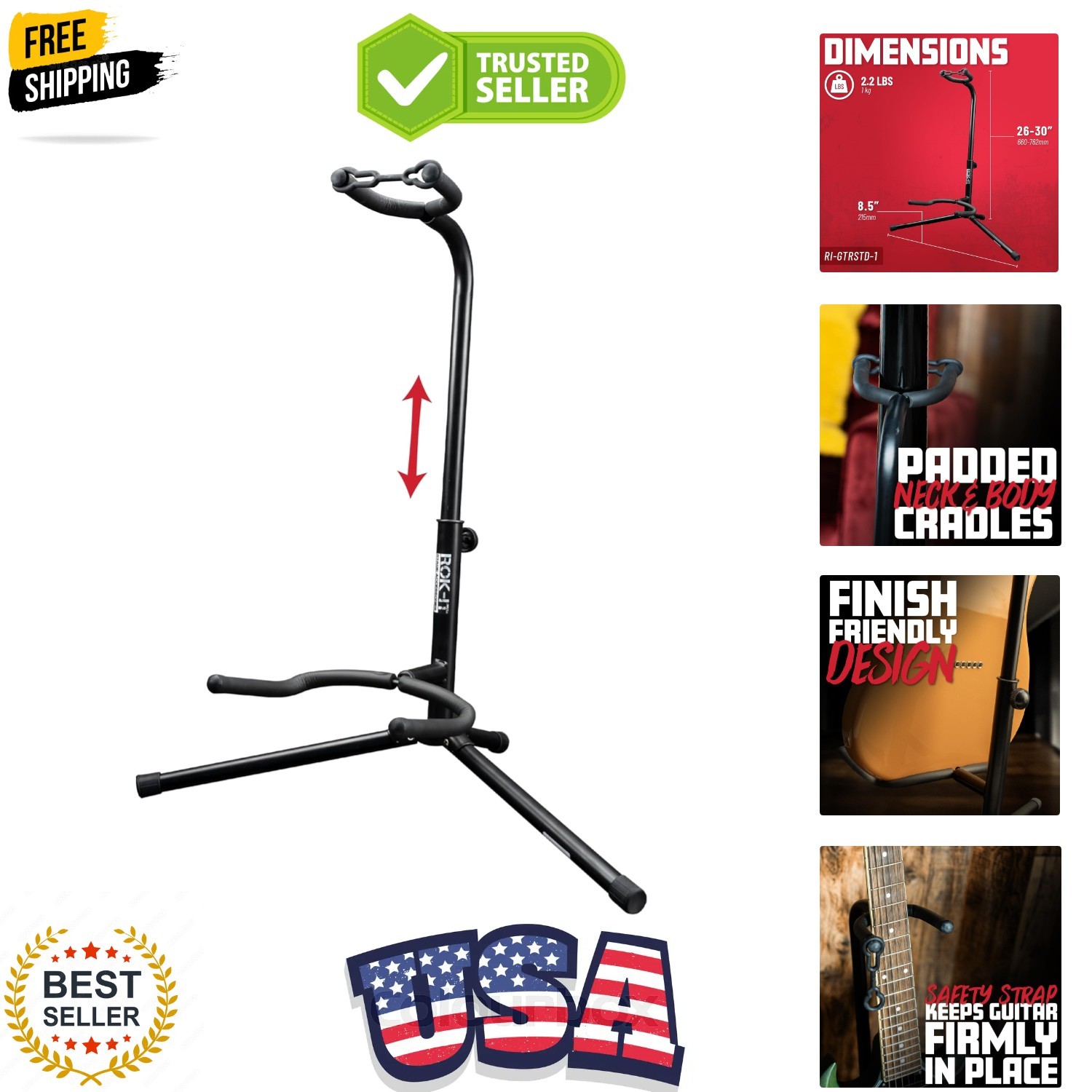 Rok-It Standard Guitar Stand for Acoustic, Electric, or Bass Guitars, RI-GTRS...
