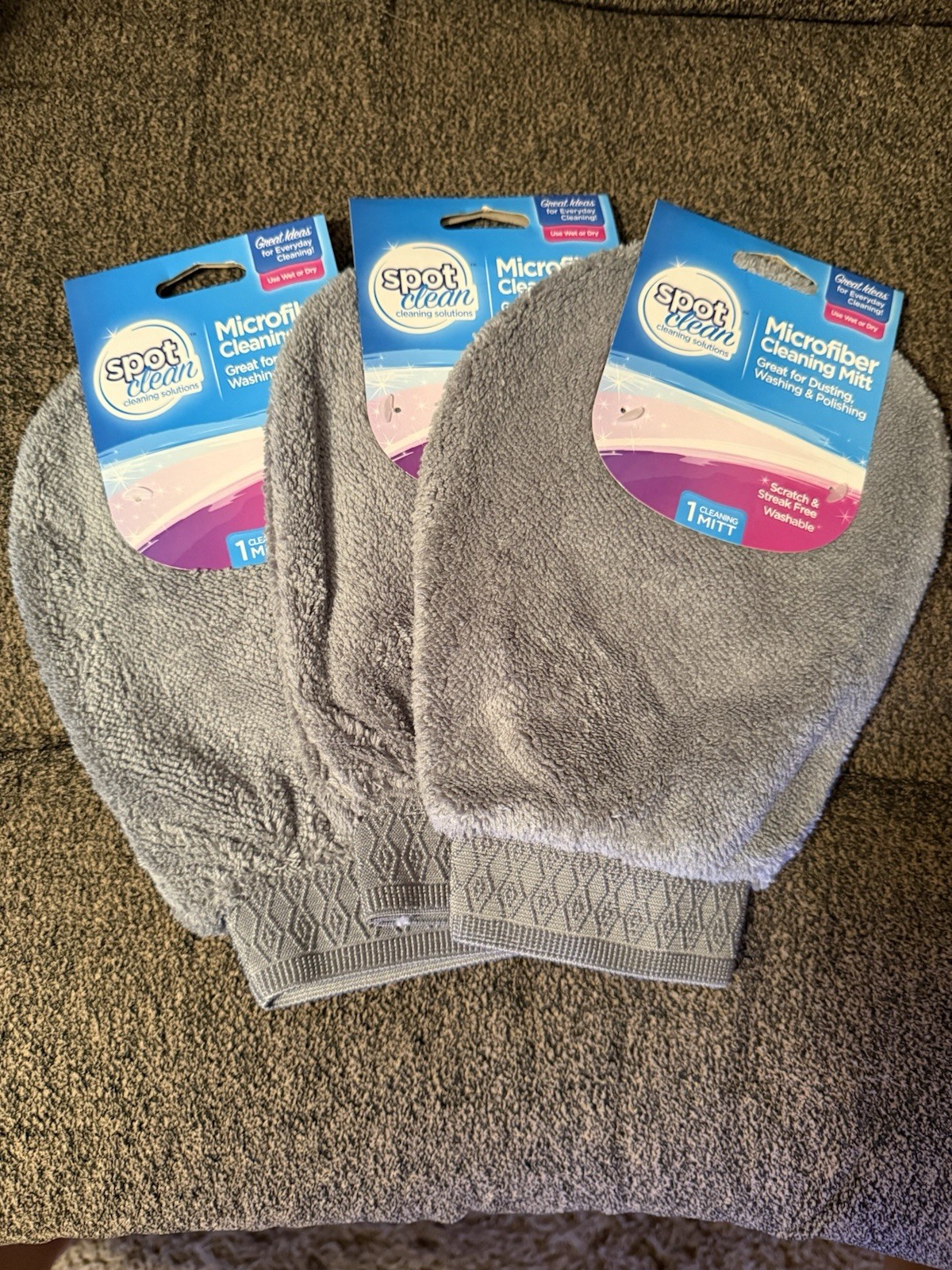 Spot Clean Gray Microfiber Cloth Cleaning Mitt 9" x 7" Set Of 3 Mitt Brand New