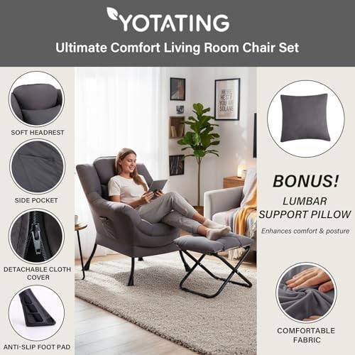 Lazy Chair with Ottoman, Dark Gray-footstool With Right Angle Frame-pillow