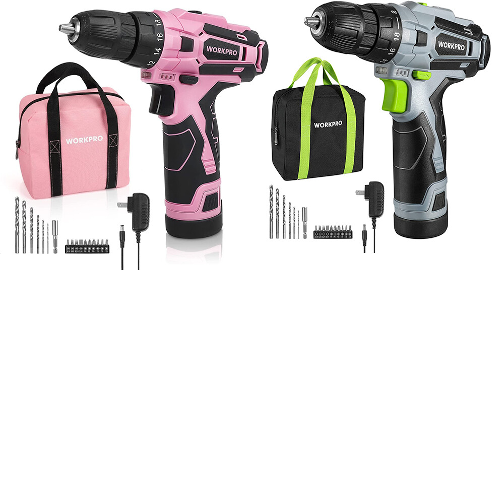 WORKPRO Cordless Drill Driver Kit 12V Screwdriver Driver Tool Kit Green/Pink NEW