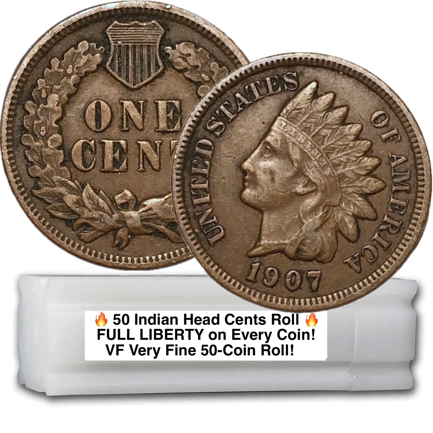 MIXED Roll of 50 Indian Head Cent Pennies with FULL LIBERTY VF (50 COIN LOT)