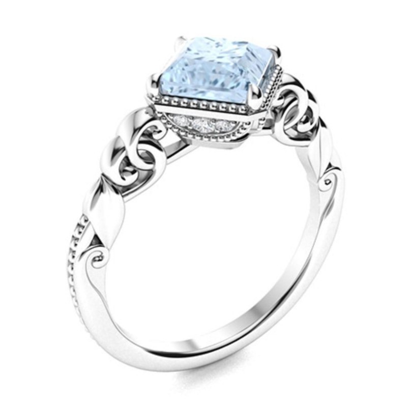 5mm Princess Cut Aquamarine Ring 925 Sterling Silver Filigree Engagement Ring