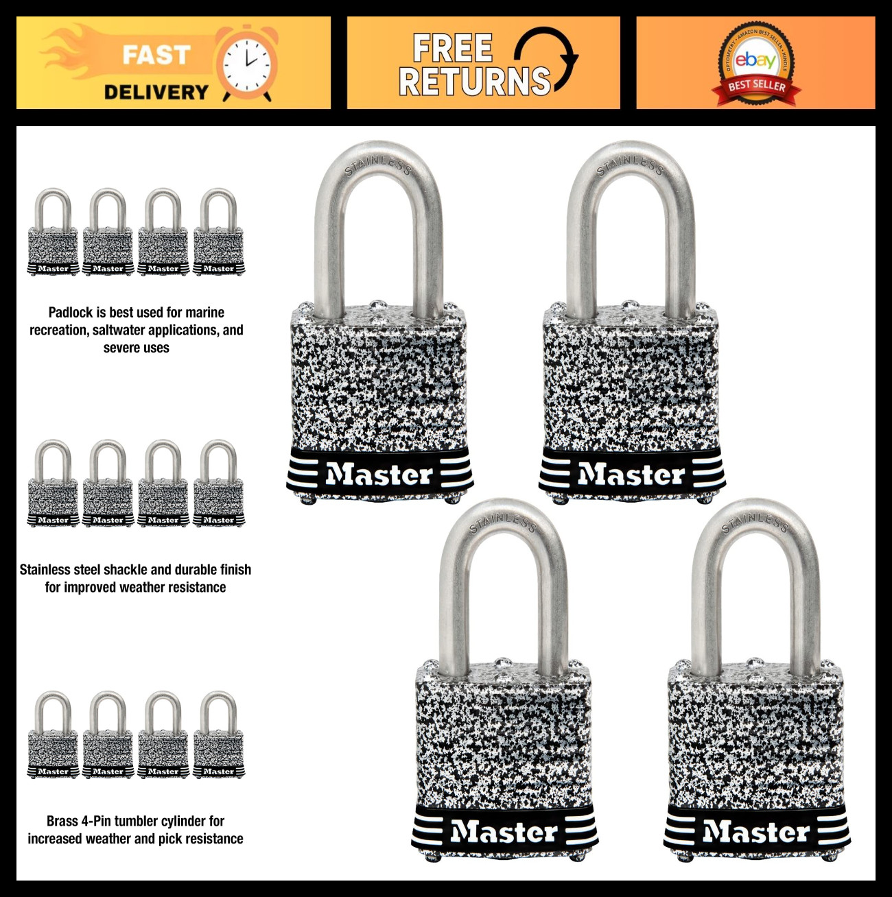 Stainless Steel Outdoor Padlock Set - 4 Pack Keyed-Alike Security Locks