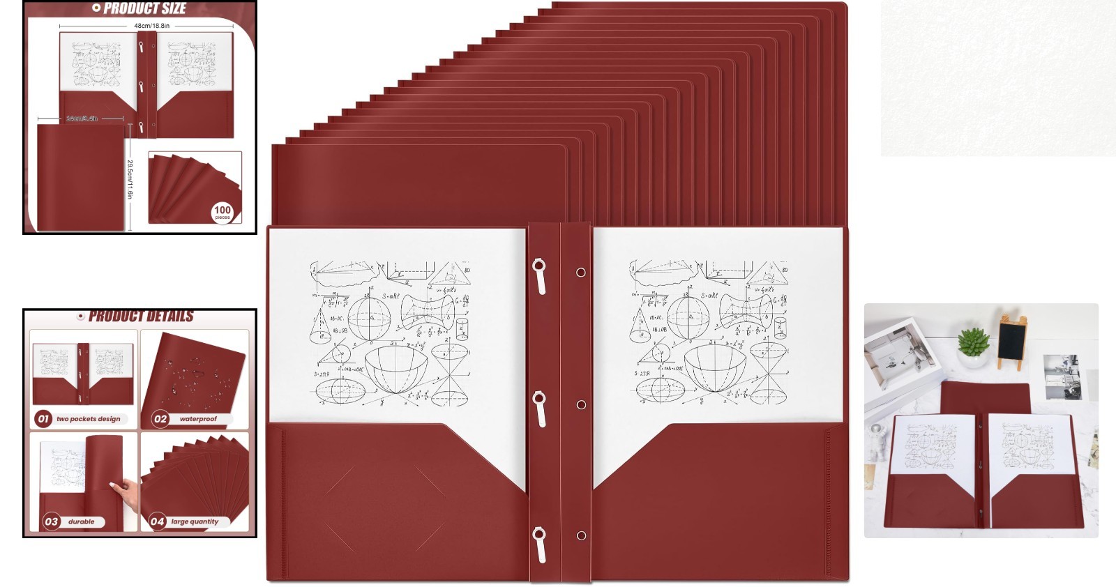 Durable 100-Pack Dark Red Plastic Folders with Pockets & Prongs for All Needs