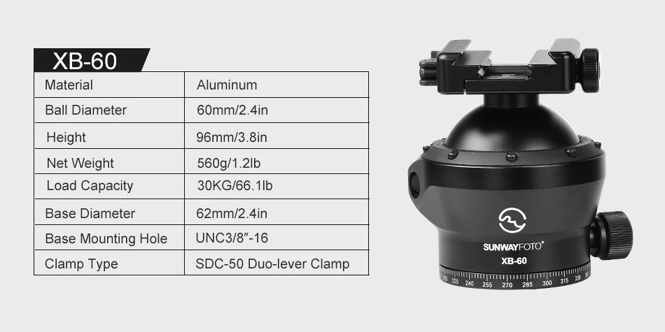 SUNWAYFOTO XB-60 60mm Low Profile Tripod Ball Head Picatinny / Arca Lever Clamp