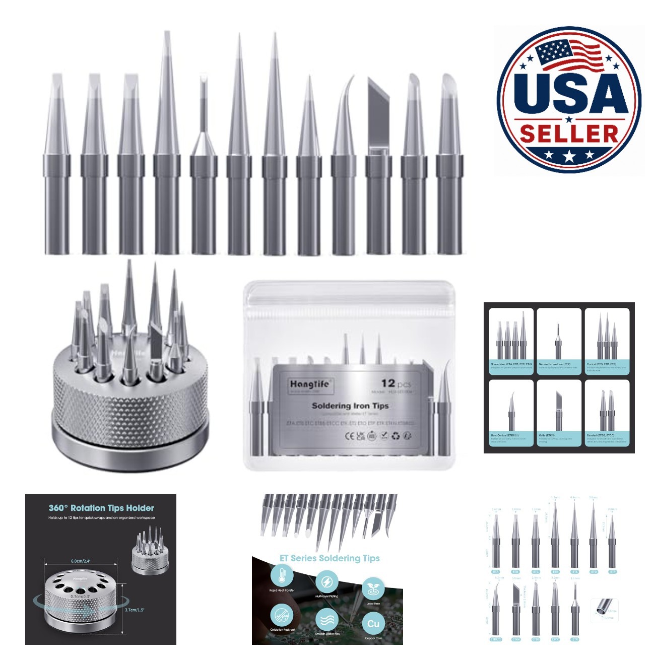 Soldering Iron Tips 12 Piece Set with 360 Rotating Holder for Weller ET Series