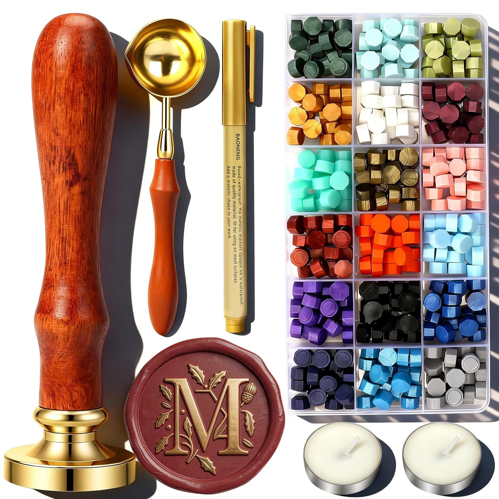 M Wax Seal Stamp Kit, TEKGERLU 360 PCS 18 Colors Beads, Gold - letter M