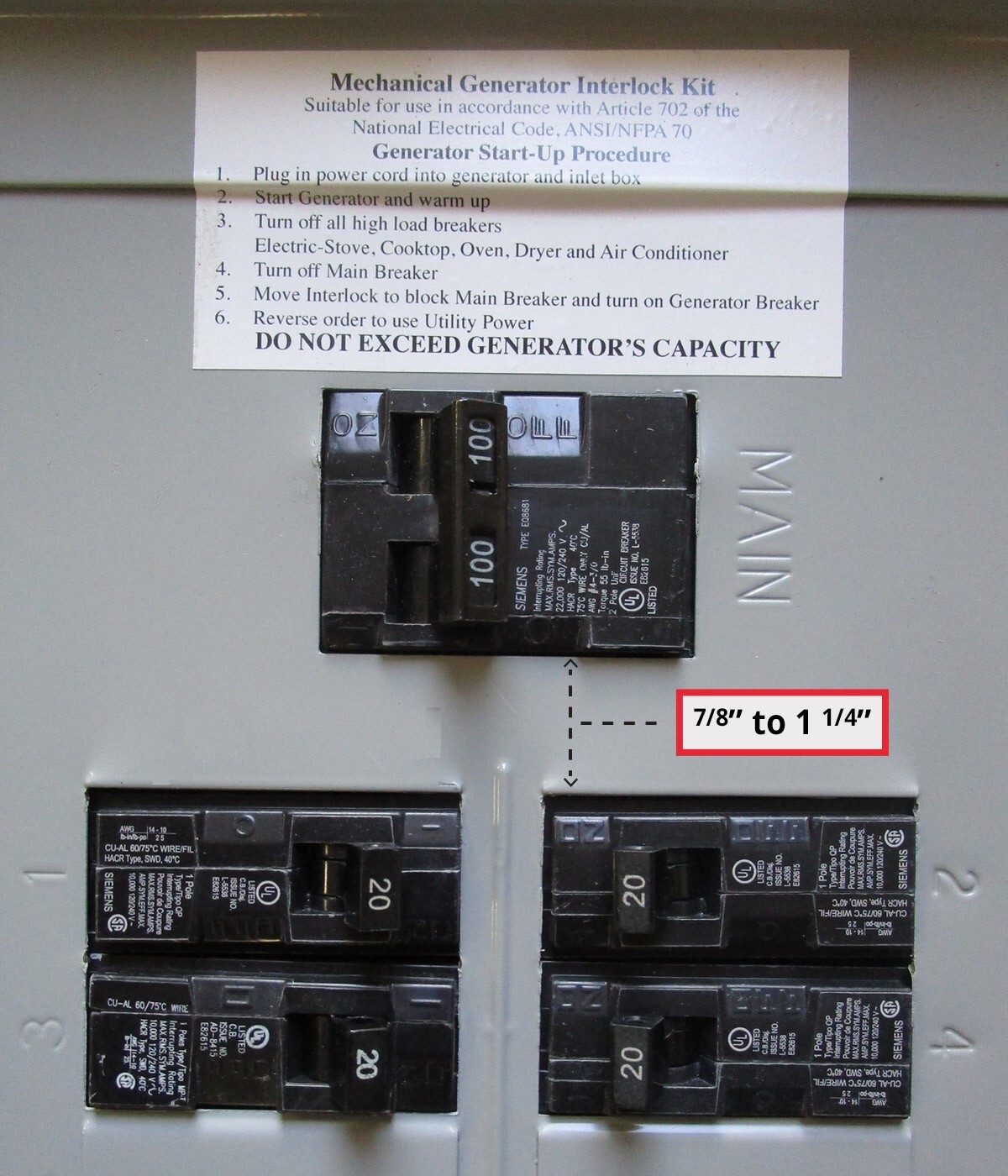 GenInterlock SIE-P1 Murray, Siemens Generator interlock kit 100A Panel LISTED
