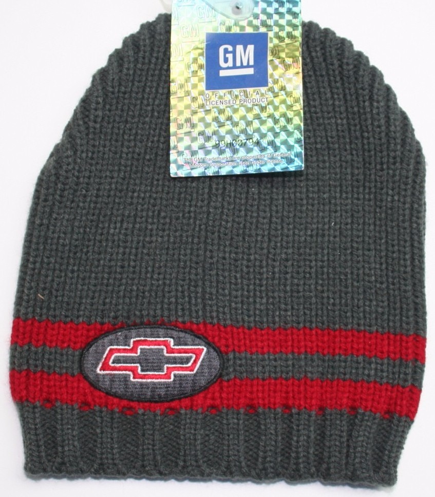 chevy chevrolet knitted stocking cap hat beanie gray red winter one size stretch