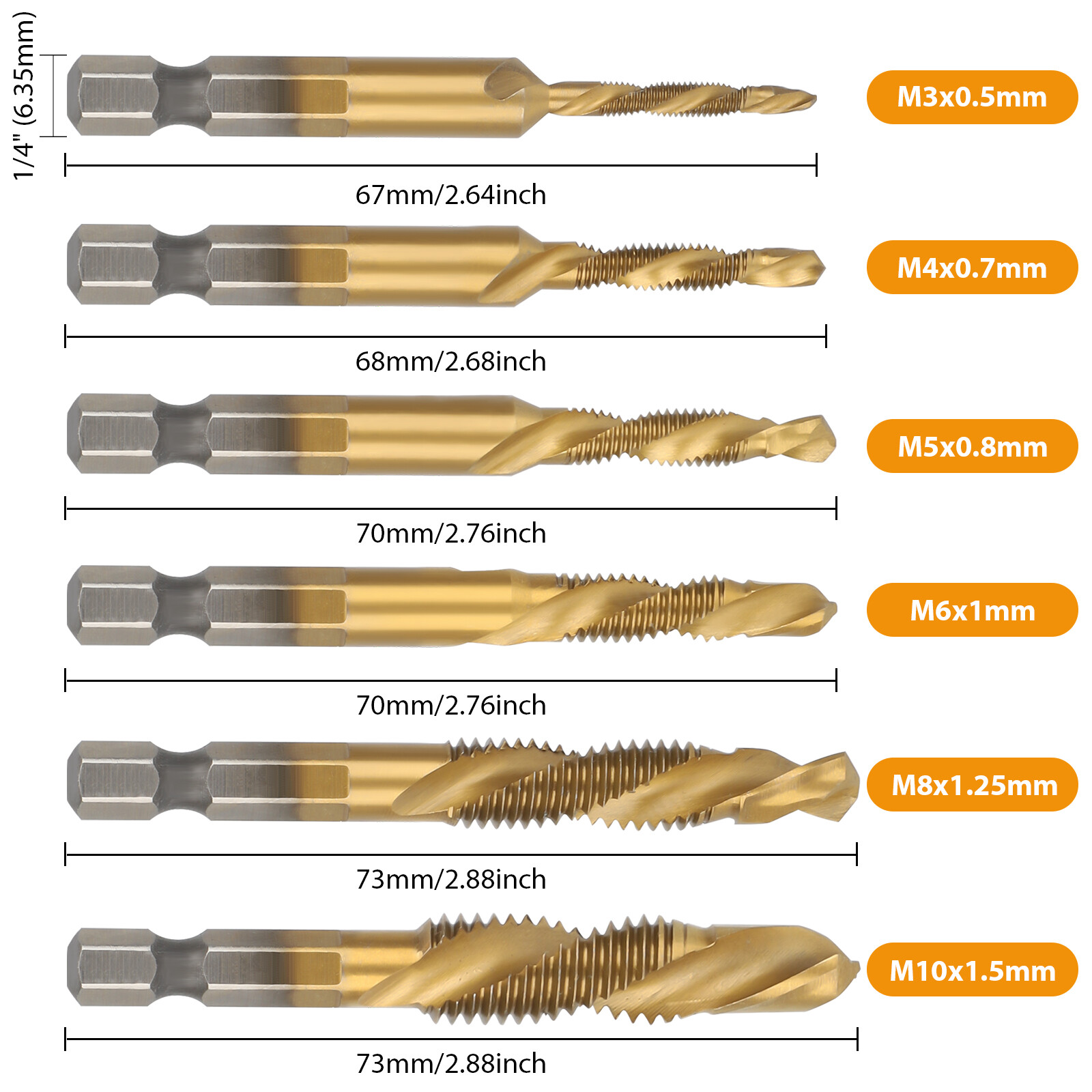 12Pcs 1/4in Hex Shank HSS Screw Thread Countersink Tap Drill Bit Combination Set