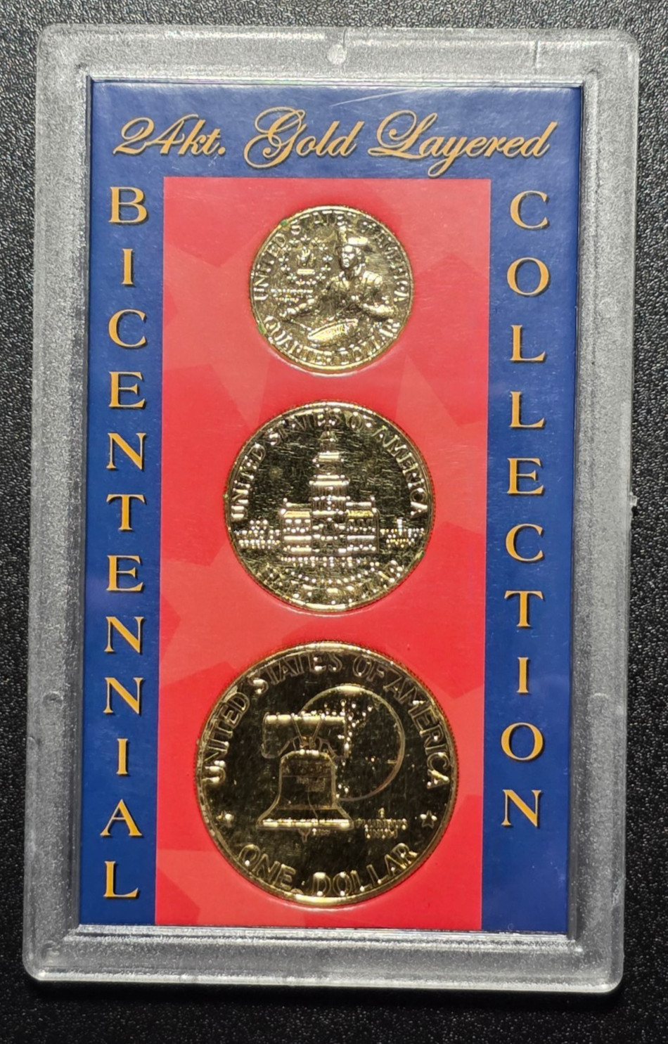 1976 Bicentennial 24K Gold Plated 3-Coin Set Dollar QUARTER 50c in Holder
