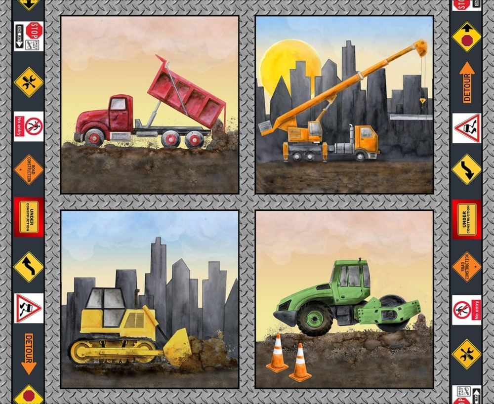 Let's Get Building Construction Equipment Pillow 36" Panel Cotton Fabric