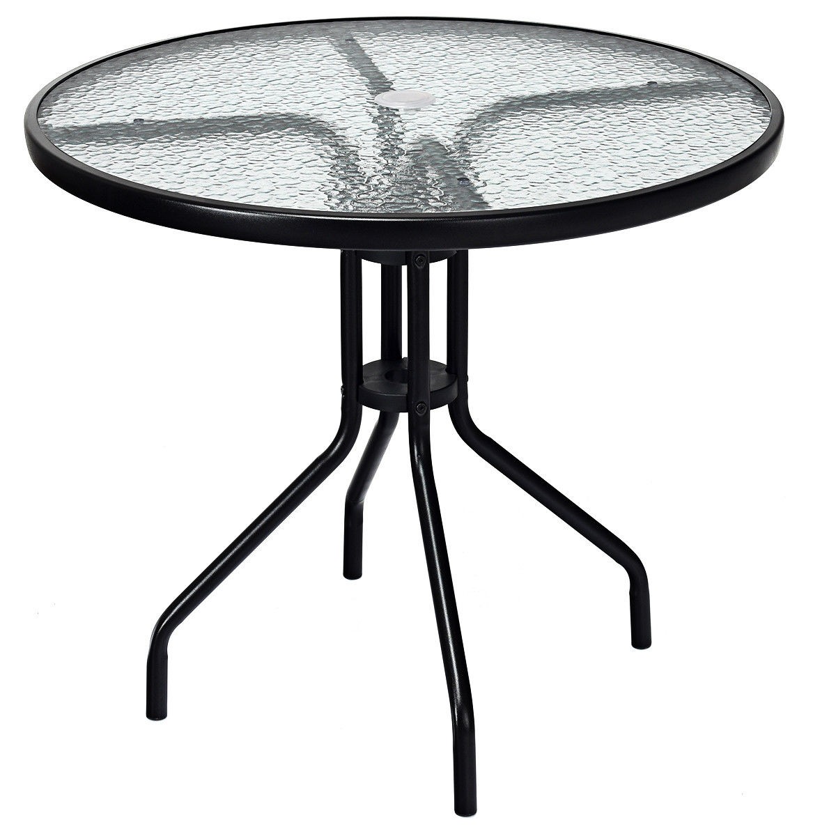 32" Outdoor Round Table Tempered Glass Top W/Umbrella Hole Steel Frame
