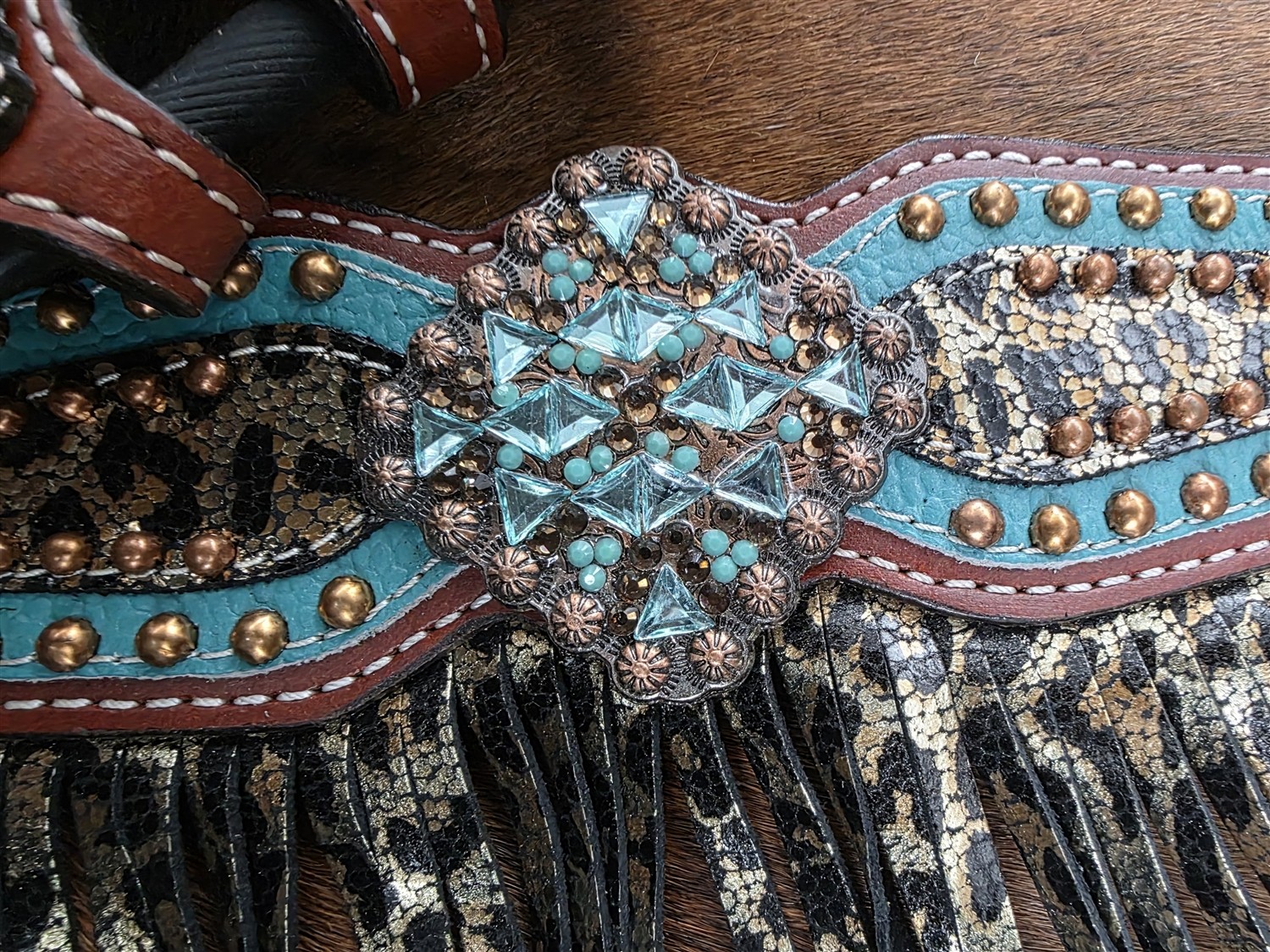Western Headstall - Fringed Breastcollar - Reins - Metallic Leopard - Turquoise