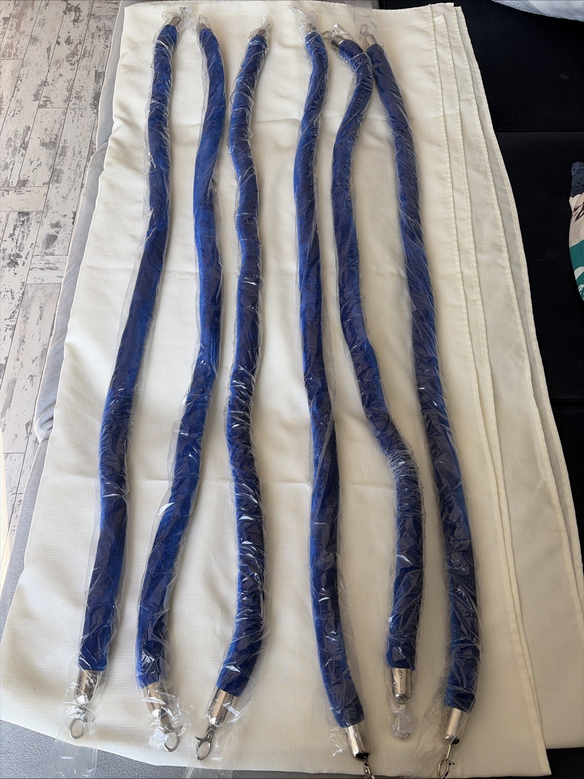 Blue Velvet W/ Silver Hook Stanchion Rope Crowd Control Barrier 6 Pieces 56 inch