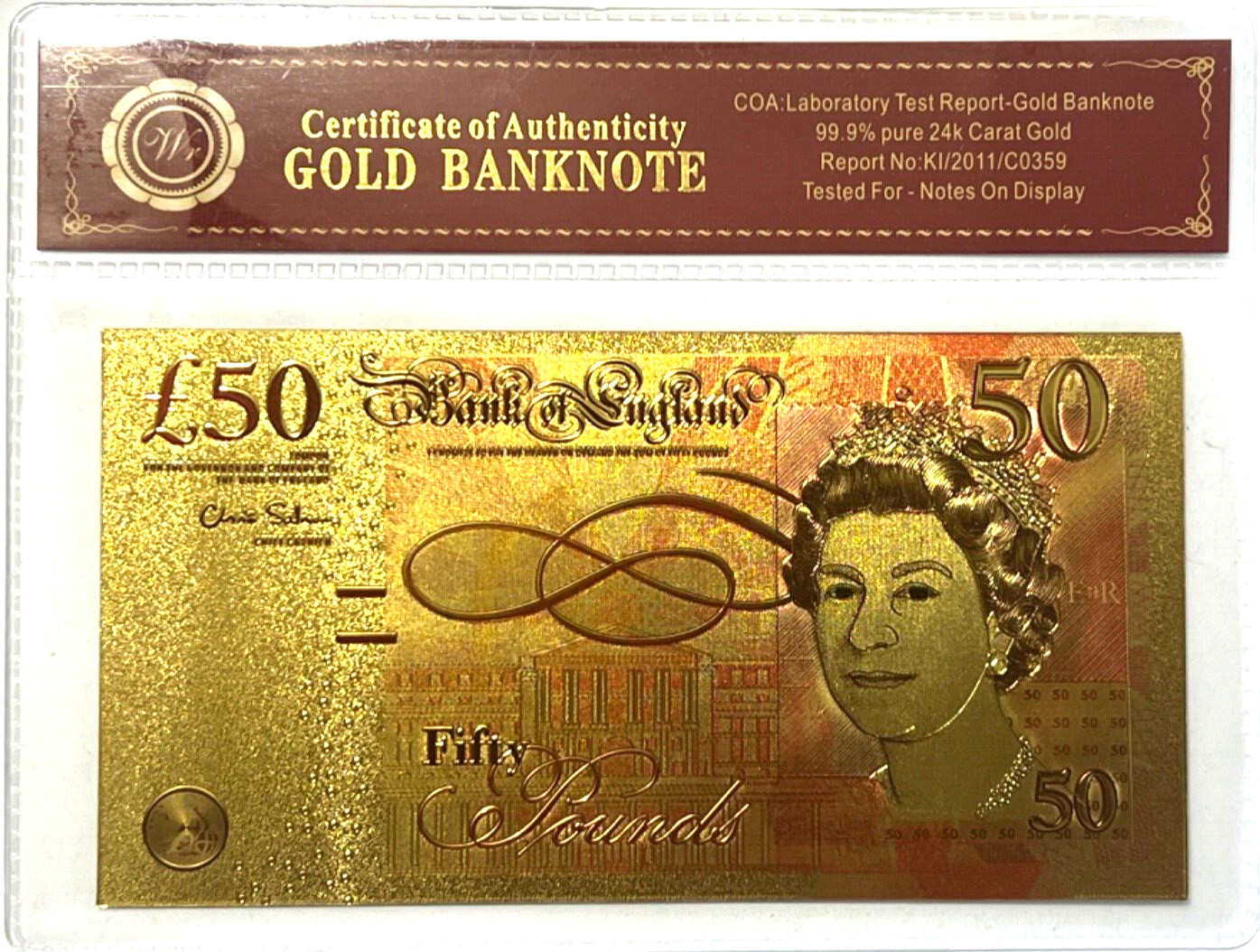 Bank of England Fifty Pound 24K Gold Foil Souvenir Banknote
