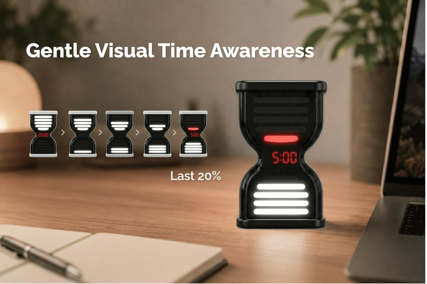 Pomodoro Timer for Productivity, Visual Countdown with Light Flow, Flip Timer 25