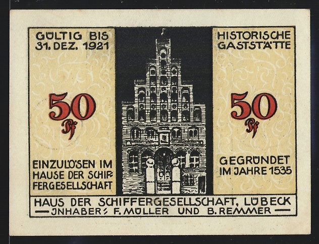 Emergency money Lübeck 1921, 50 pfennigs, House of the Shipping Company F....