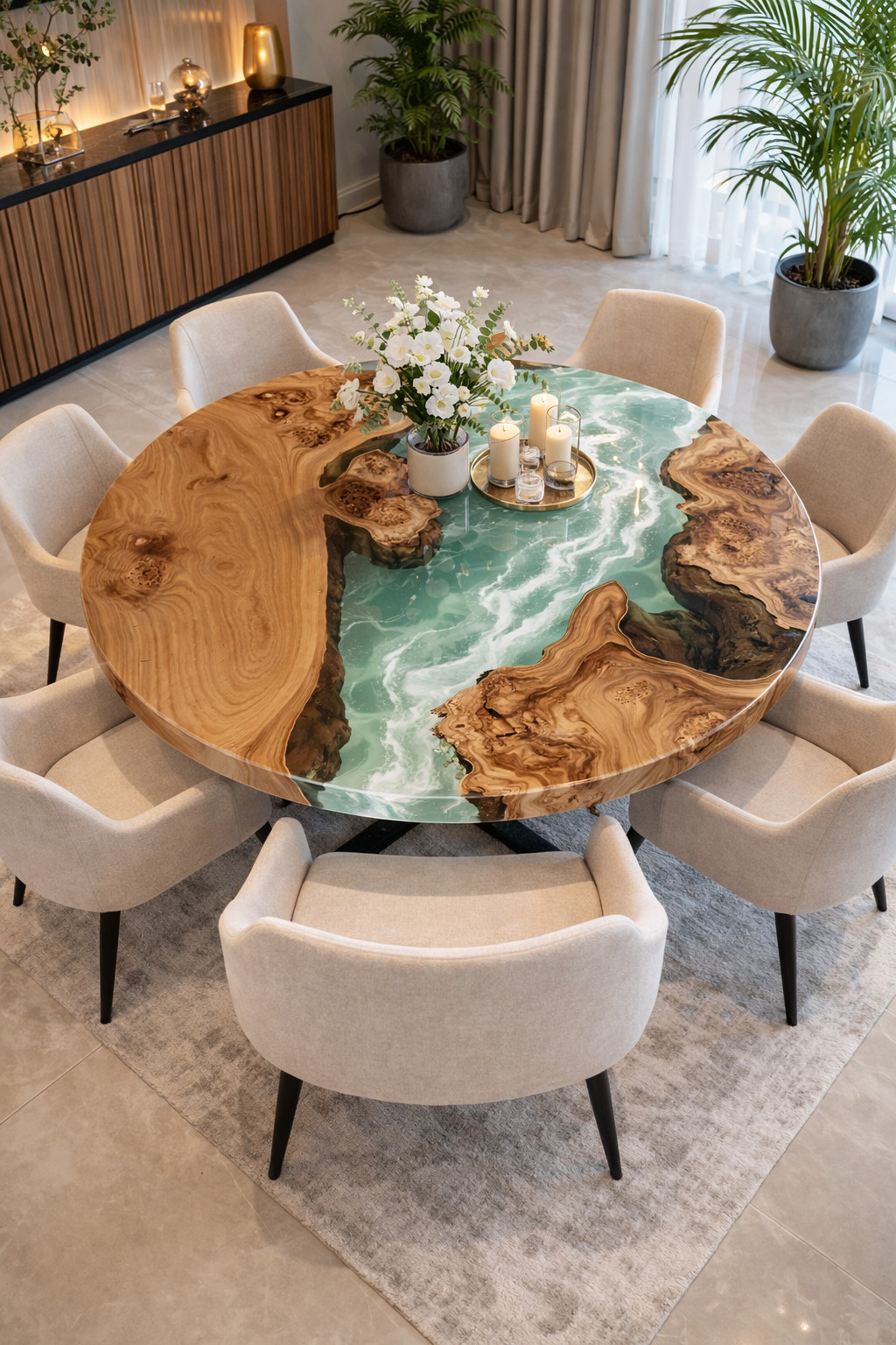 Round Olive Wood Green Epoxy River Dining Table Top Live Edge Handmade 18X18