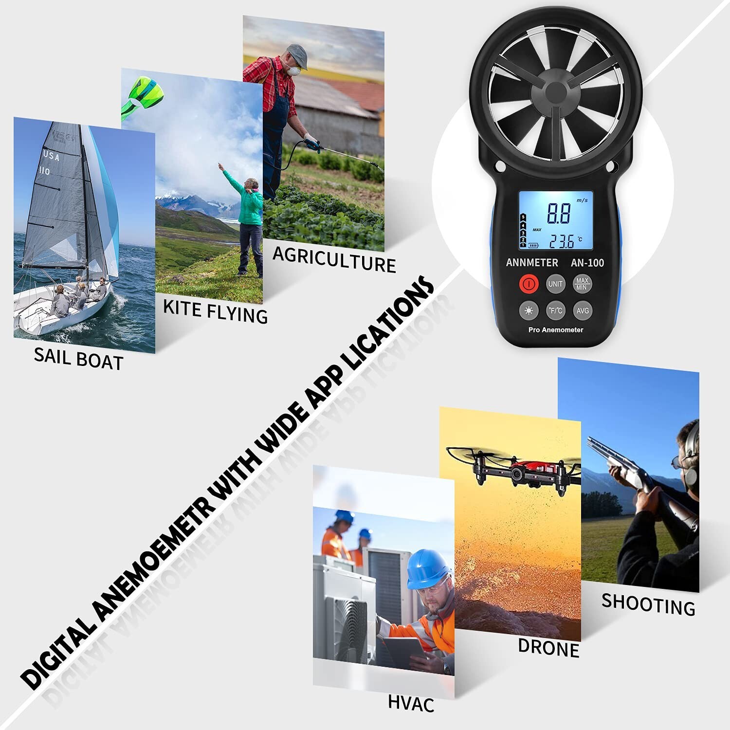 Wind Speed Meter - Air Flow Velocity, Wind Temperature - HVAC CFM Calculation,