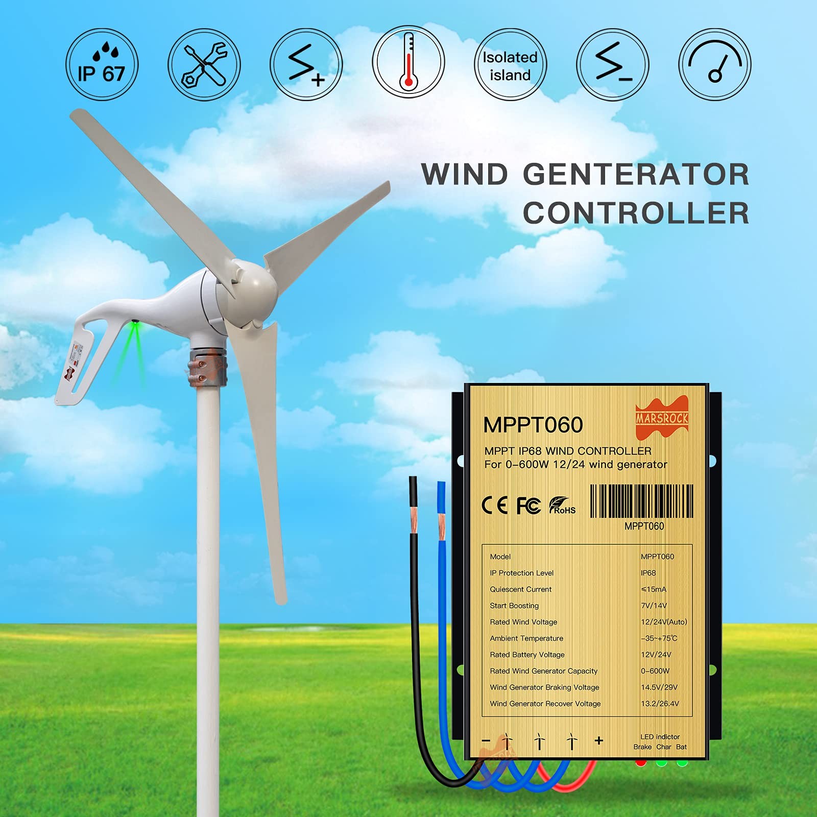 Marsrock 0600W Mini Wind Charge Discharge Mppt Controller Ip67 Waterproof