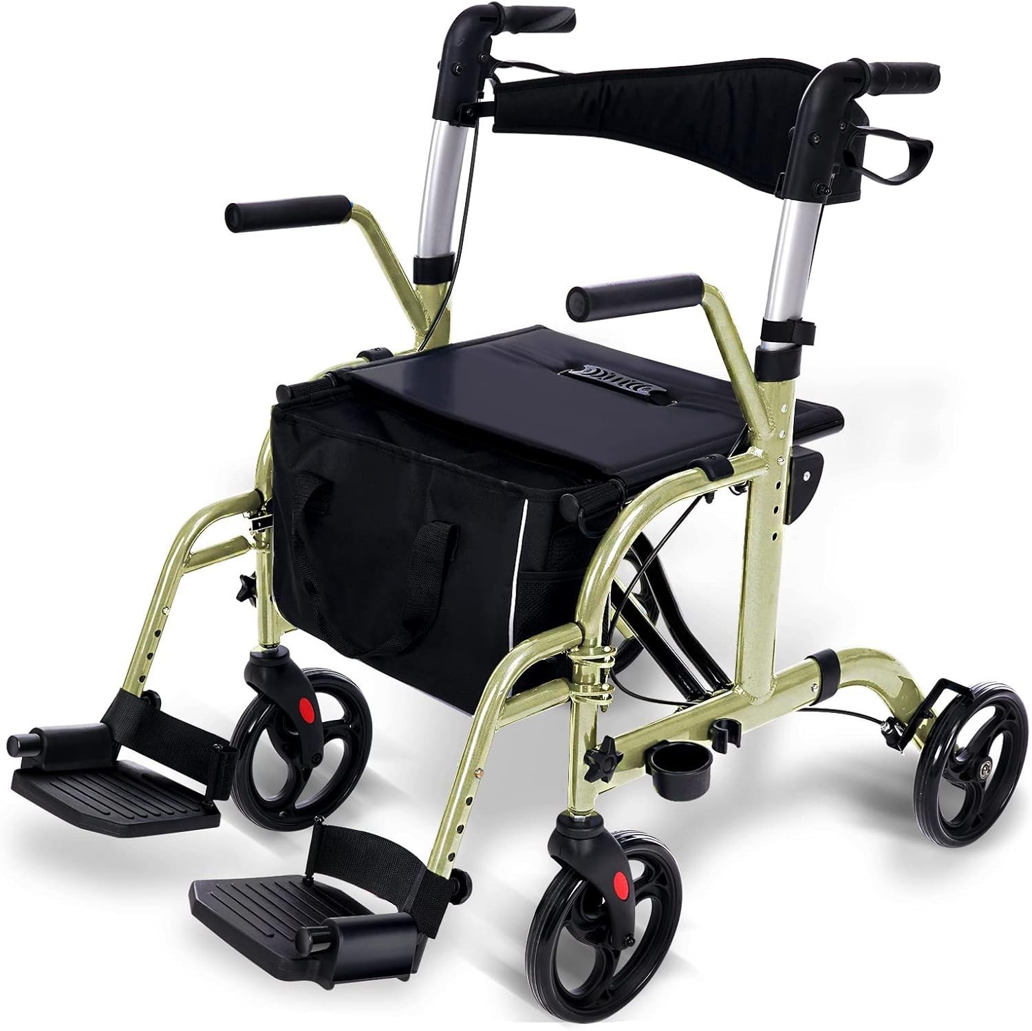 Rollator Walker Transport Chair for Seniors 10'' Rubber Wheels with Footrests