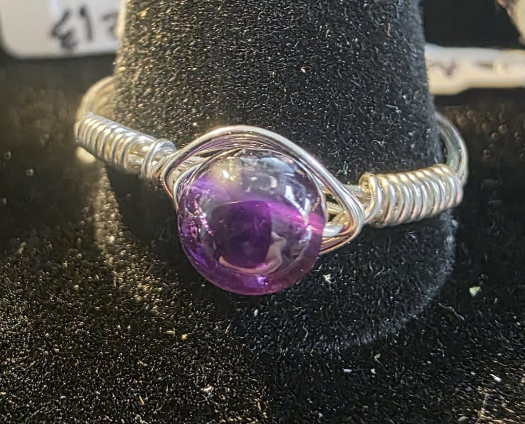 Handmade size 12 Wire-Wrapped Amethyst Ring with Silver-Plated Wire
