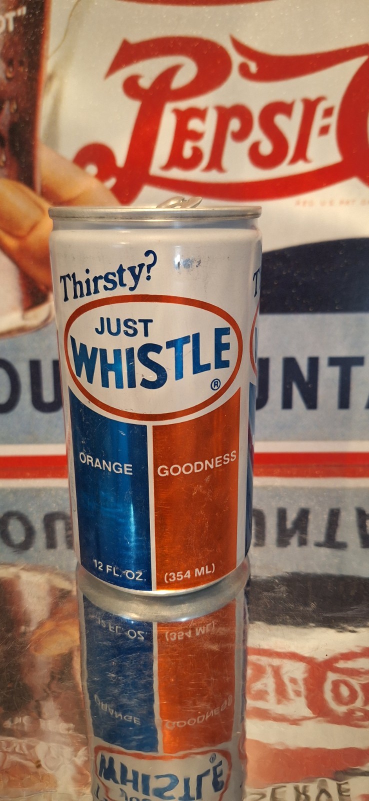 🍺 Just Whistle Orange Soda Pop Can Advertising Prop Empty 70's 80's