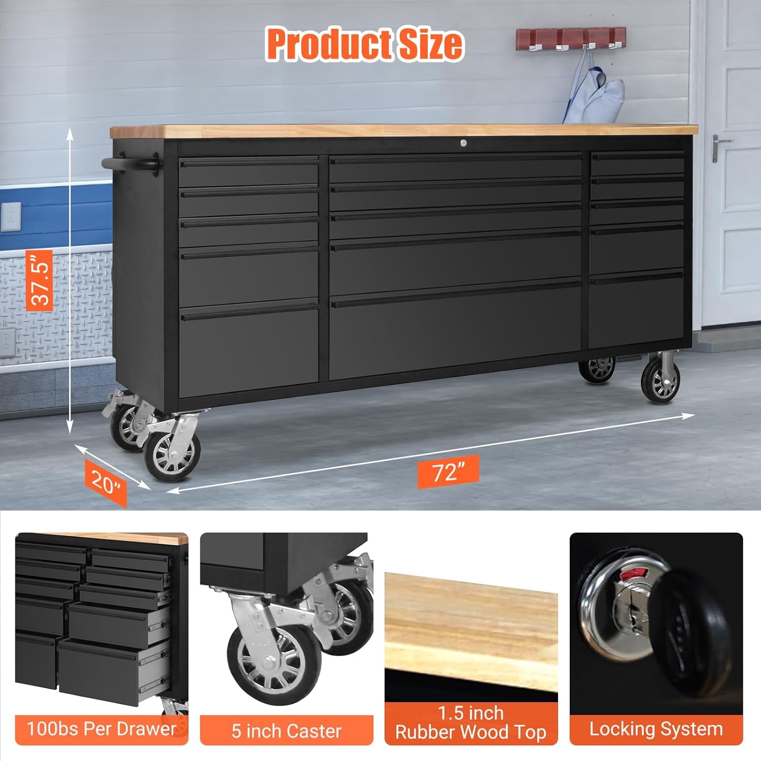 Rolling Tool Chest 72 Inch 15 Drawer Mobile Garage Workbench Solid Wood Top