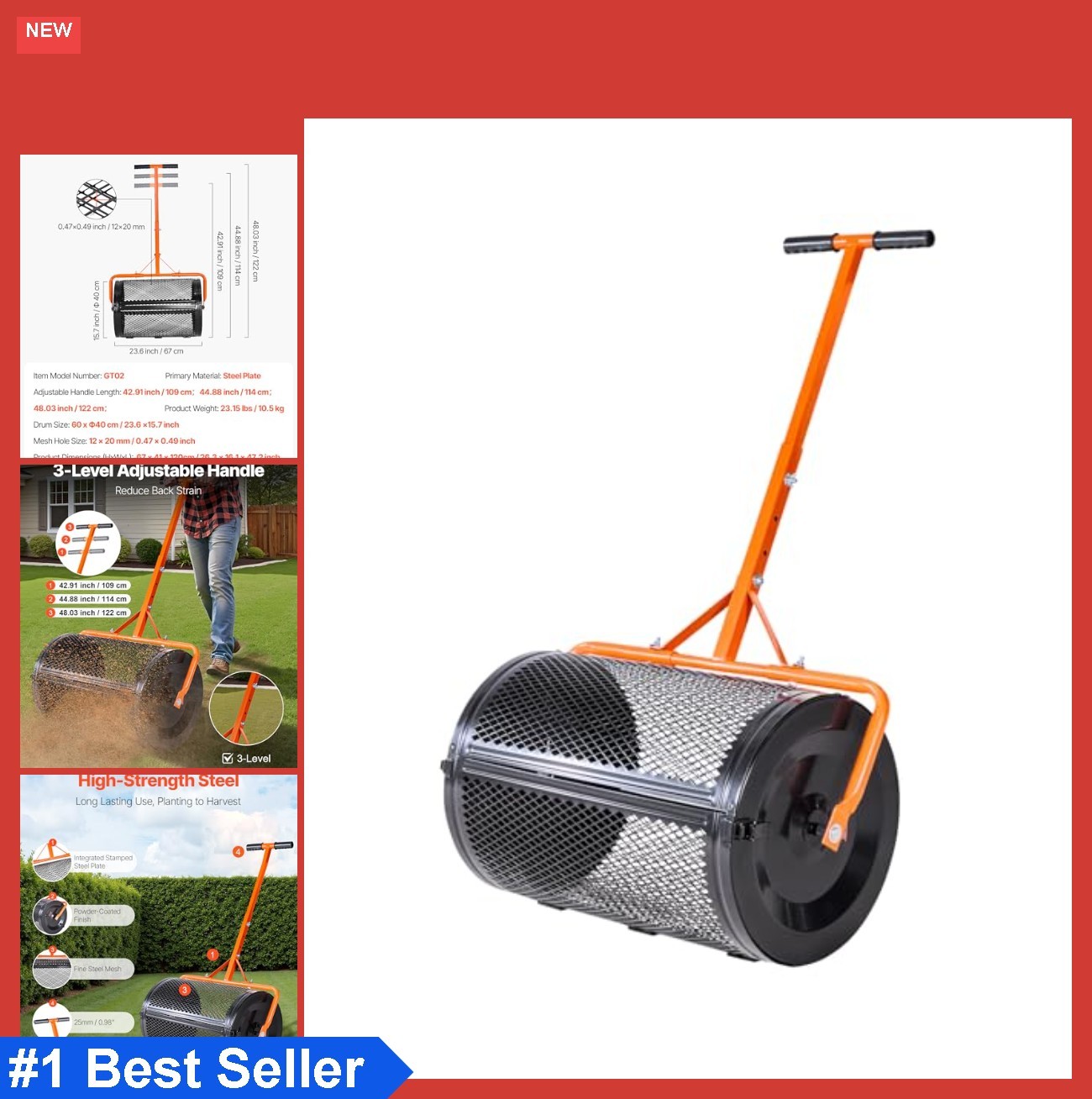 Compost Spreader 24 Inch Peat Moss Roller T Shaped Handle 3 Heights Adjustable