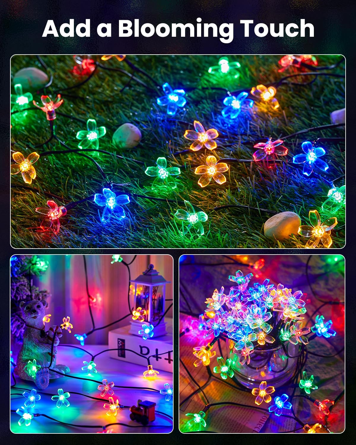 Brightown 60 LED Flower Solar String Lights Outdoor 1 Pack, Multicolor