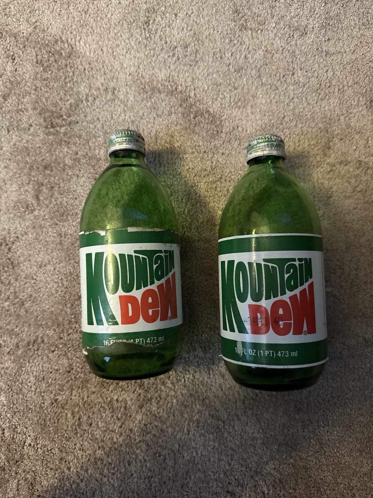 2 Great Condition Retro Mountain Dew glass Bottles W/metal Caps!